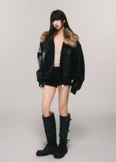 블랙 PU 모토 겨울 재킷